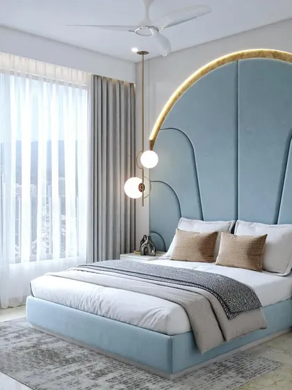 A 3D render of a master bedroom with a luxuriously cushioned back panel enhanced with gold leafing for a regal charm. The wardrobes feature gracefully curved details.