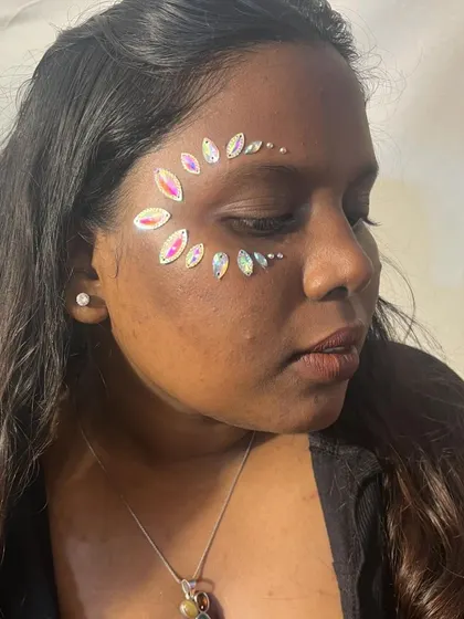 A duplicate image for context. A fun, creative look using iridescent face gems.