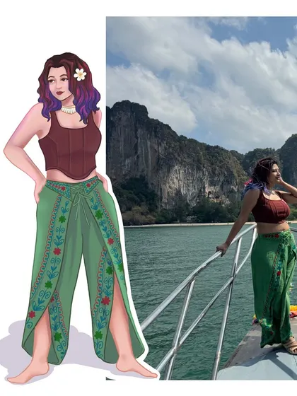 This illustration showcases a breezy, boat-ready outfit. I can highlight details like the floral embroidery on the pants to make the artwork a true reflection of the original piece.