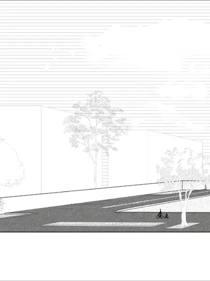 A partial section of the Brilliant National School, detailing the relationship between the classrooms and the outdoor spaces.