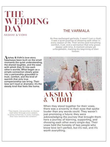 A creative magazine-style layout that tells the story of the wedding day, from the varmala to the vows. The text overlays provide context and add to the narrative feel of the images.