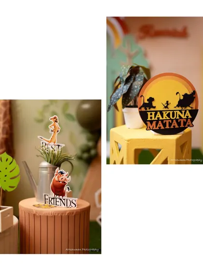 Close-up shots of our 'Hakuna Matata' themed decor, featuring character cutouts and signs that bring the beloved story of The Lion King to life for a special birthday.