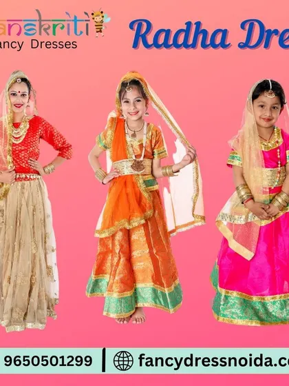Three beautiful Radha dress options for girls. The image displays lehengas in beige, orange, and pink, each with unique detailing and a matching dupatta, perfect for any festive occasion.