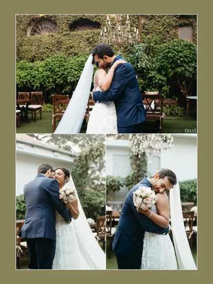 A collage of the couple's first look, filled with hugs and emotional expressions. It beautifully captures the intimacy and excitement of seeing each other before the ceremony.