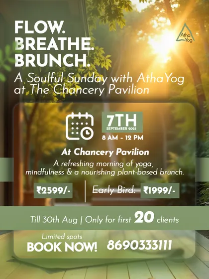 The official invitation for our "Flow. Breathe. Brunch." event. A soulful Sunday morning of yoga, mindfulness, and a nourishing plant-based brunch at The Chancery Pavilion.