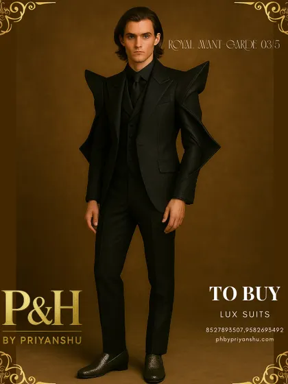 A full-length perspective of the all-black shark-inspired suit. This view showcases its sleek, monolithic silhouette, proving that true power lies in masterful design and a commanding presence.