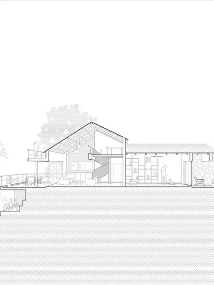 A sectional perspective drawing of Ranch House, a weekend cabin in Nashik. Architectural drawings like this are crucial for communicating the design intent, showing the relationship between different levels and the flow of space.