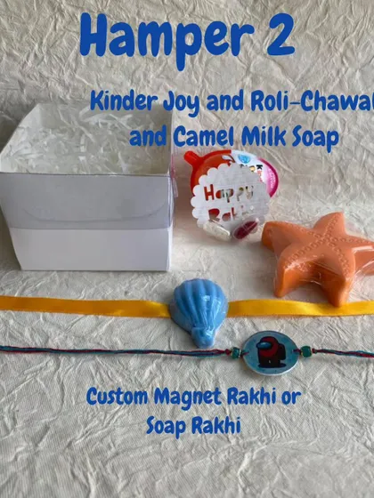 Another hamper option, this one includes a character soap along with the Rakhi and treats.