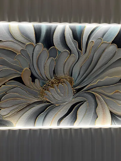 A close-up of the grey and gold flower, showing the delicate brushstrokes and gold leaf details.