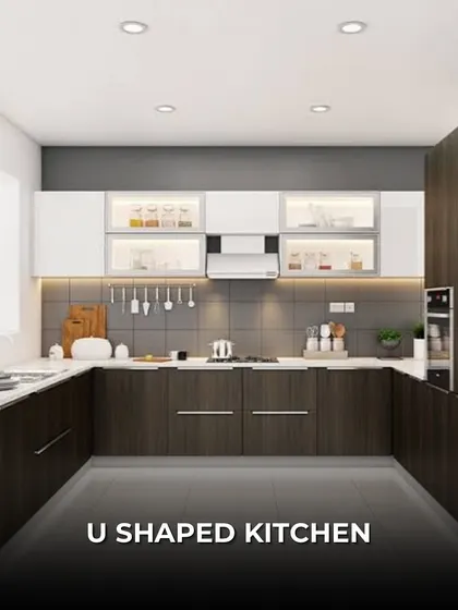 A U-shaped kitchen provides maximum storage and counter area, perfect for serious home cooks. This example uses dark wood-finish lower cabinets and white upper cabinets to keep the space from feeling too heavy.