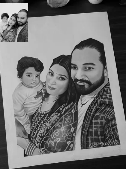 A happy family selfie turned into a beautiful A2 size graphite portrait. This drawing shows how I can capture the joy of a candid moment in a detailed sketch.