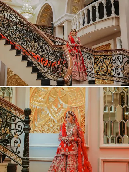 A collage showcasing the bride on a grand, ornate staircase. These portraits highlight the architectural beauty of the venue and the regal elegance of her red bridal lehenga.