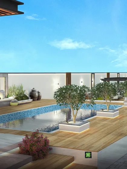 A 3D visualization of a luxurious farmhouse pool area in Palwal, Haryana, with trees planted in illuminated boxes along the poolside deck.