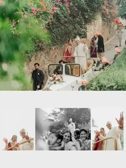 A collage showing the couple's joyful 'vidaai' or departure in a vintage car, surrounded by their loved ones.