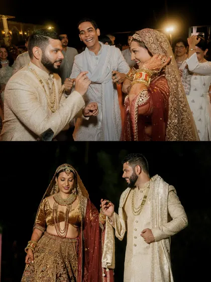 Candid moments of the couple dancing and interacting at their reception, full of smiles and natural connection.