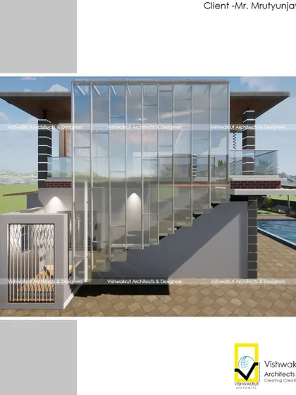 A 3D visualization of the villa's exterior, highlighting the glass-enclosed lift and staircase. This feature adds a modern, transparent element to the facade while ensuring accessibility.