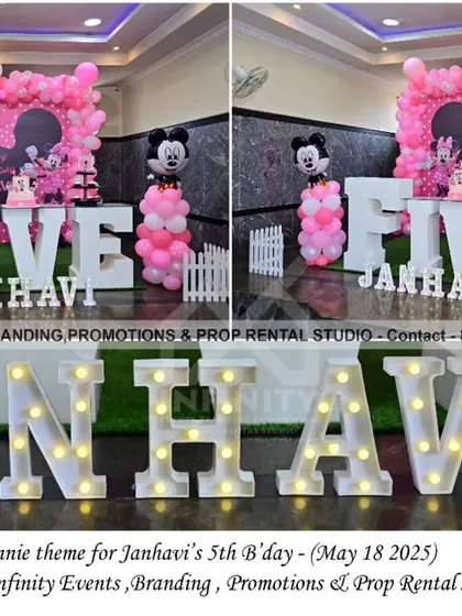 Say cheers with ears! A classic Minnie Mouse theme for a 5th birthday celebration. This setup includes a pink polka-dot backdrop, a large "FIVE" table, Minnie and Mickey balloon figures, and marquee letters for a fun and timeless party.