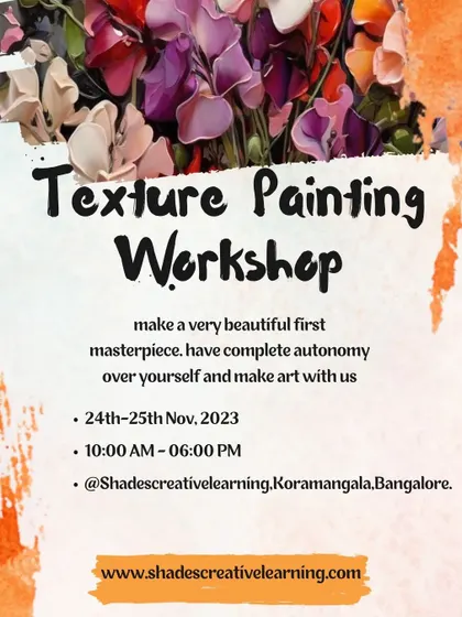 An announcement for our popular Texture Painting Workshop. These sessions are perfect for beginners who want to create a beautiful masterpiece in their very first class using palette knives and thick paints.