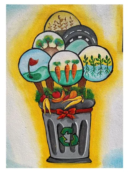 A close-up of the central illustration on the Bio-Compost Pit mural. The image depicts how different forms of waste can be recycled and composted to benefit our environment, shown as different scenes inside a trash can.
