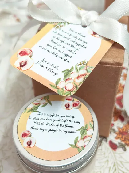 A beautiful custom-designed tag and label for a peach-themed baby shower. The client's heartfelt review for this order was one of the best I've ever received.