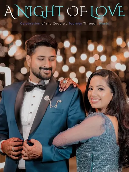 A Sangeet night is all about glamour and celebration. We use creative lighting and composition to capture the mood, creating stylish portraits like this one that showcase the couple's chemistry and the elegance of the evening.