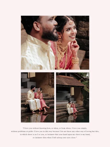 A collage of romantic moments from a pre-wedding shoot at a traditional temple location.
