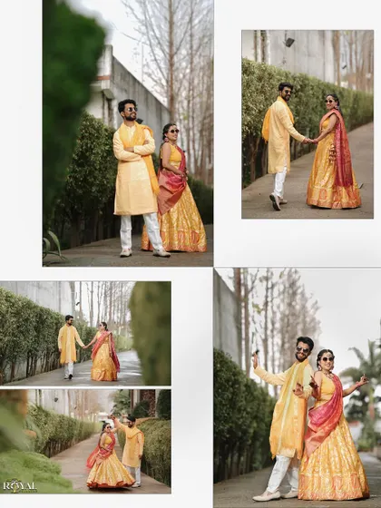 A collage of the couple's Haldi portraits, capturing their stylish poses and happy moments together.