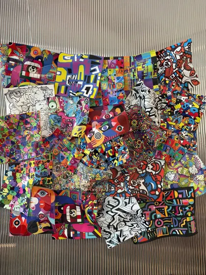 "Mind Fragments" is a departure into the world of pop art. This wall installation is a vibrant explosion of color and pattern, layering different visual languages on polycarbonate and aluminum to create a composition that is chaotic yet unified.