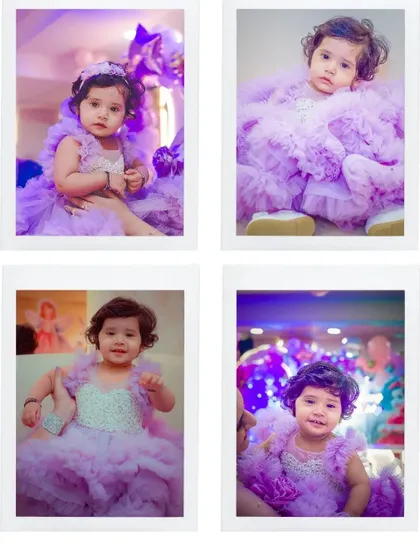 A collage of portraits from Misha's first birthday party. She looks like a little princess in her fluffy purple dress, showing off different adorable expressions from her special day.