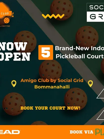 This graphic announces the opening of my new indoor pickleball facility in Bommanahalli. It clearly states that there are five brand new courts available for booking, making it easy for players in the area to find a top-quality place to play.