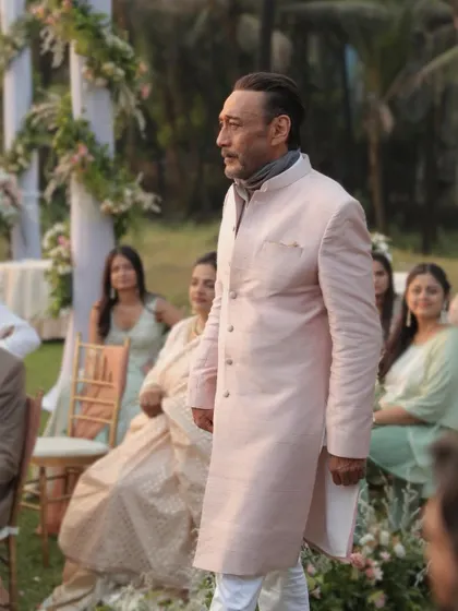 The one and only Jackie Shroff, looking dapper in a custom made pink sherwani I styled for the music video 'Dastoor'. The look is classic, sophisticated, and perfectly suited for the wedding scene.