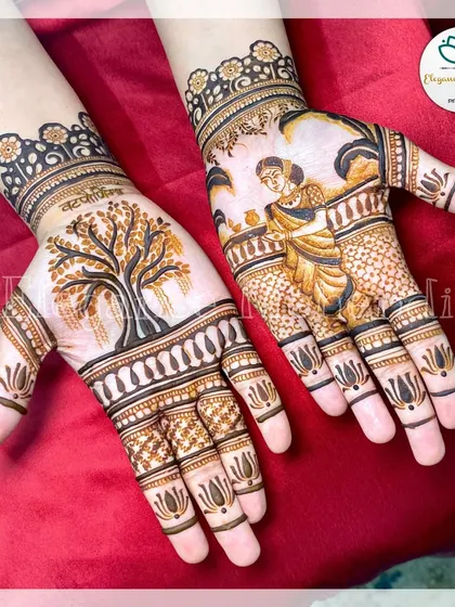 A special design for Vat Purnima, featuring the banyan tree on one palm and a woman performing the puja on the other. The fingertips are adorned with delicate lotus motifs.