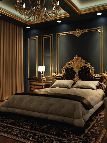 This Victorian-themed bedroom in a North Bangalore home features a royal green and gold color scheme. The ornate carved headboard, vintage chandelier, and Jaipur-made carpet create an atmosphere of pure opulence.
