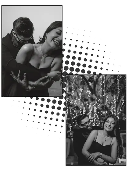 A black and white collage of the couple laughing and embracing, capturing their playful and loving connection.