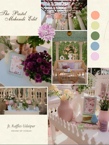 A moodboard for "The Pastel Mehendi Edit," showcasing the color palette, seating inspiration, and detailed decor elements that brought this soft and charming theme to life.
