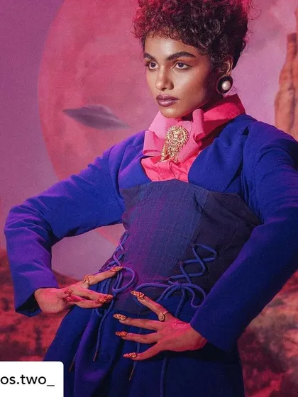 A full look from the 70s-inspired "Jivin' Yet?" editorial by Dos Two, featuring my custom gold nails.
