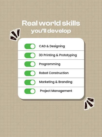 Our programs build a comprehensive, real-world skill set that goes far beyond the classroom. Students master everything from CAD and 3D printing to programming, project management, and even marketing, preparing them for future careers in tech.