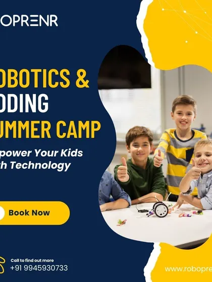 A summer camp ad showing students collaborating on a project. We empower kids with technology through engaging, team-based activities.