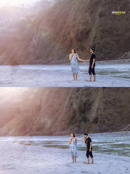 A diptych collage of a couple on a misty beach, capturing a serene and romantic mood with soft, diffused light.