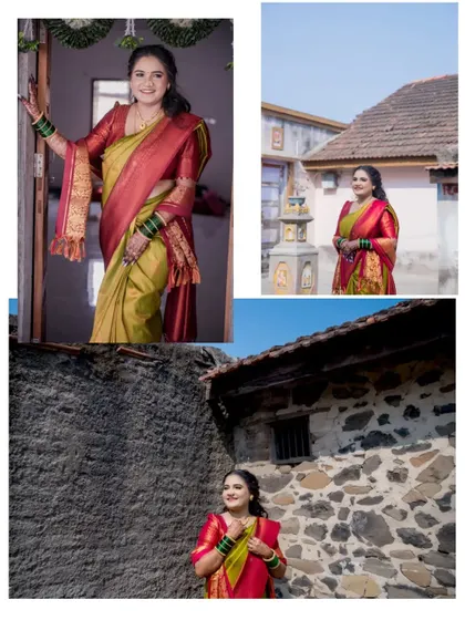 A collage of the bride in a rustic, traditional setting, her beautiful saree contrasting with the old stone and wood textures.