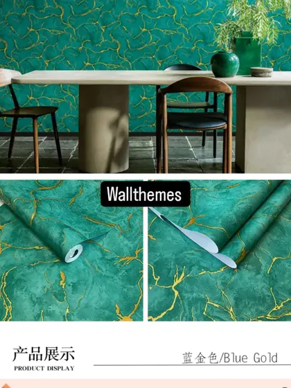 A catalog image showing a vibrant teal and gold marble wallpaper in a dining room setting and as a roll.