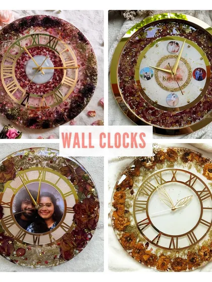 A collage of my custom resin wall clocks, each one preserving flowers and memories in a unique and functional design.