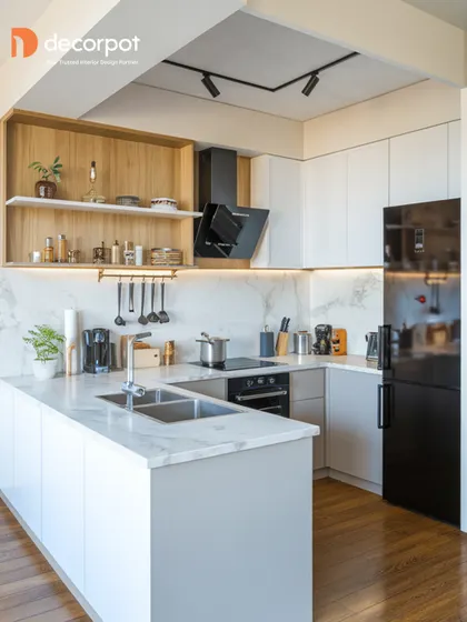 An L-shaped kitchen that perfectly balances wood tones and white cabinets. The open wooden shelves add a natural, rustic touch, while the marble-patterned countertop and backsplash keep the space feeling bright and modern.