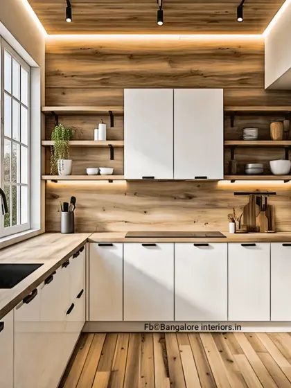 This design embodies a clean, Scandinavian-inspired aesthetic. I paired crisp white handleless cabinets with natural wood countertops and open shelving, creating a bright, airy, and practical kitchen space that feels both modern and timeless.
