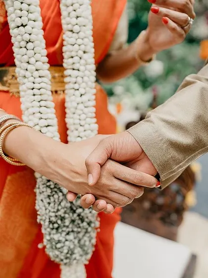 A simple, meaningful handshake between the bride and groom, sealing their promises to each other during the ceremony.