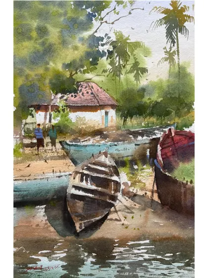 A watercolor painting of boats resting on a shore, with a focus on the texture of the old wood and the reflections in the water.
