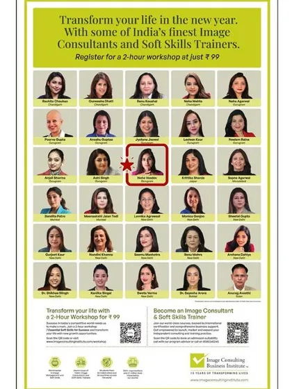 A dream printed on paper! This image shows my feature in The Times of India alongside other finest Image Consultants. It also promotes my upcoming 2-hour workshop on "7 Essential Soft Skills for Success" for just ₹99.