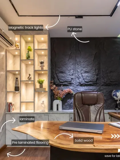 The difference is in the details. This annotated view of an office we designed breaks down the material choices, from a solid wood desk and PU stone wall to magnetic track lights, showing our thoughtful approach to material selection.