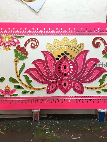 The finished pink lotus Lippan art panel, ready for delivery. The intricate mirror work along the border and within the petals adds a sparkle that brings the entire piece to life.