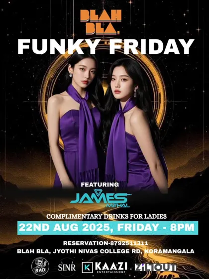 A 'Funky Friday' poster for a rooftop venue in Koramangala. This event also featured complimentary drinks for ladies, a great way to kick off the weekend.